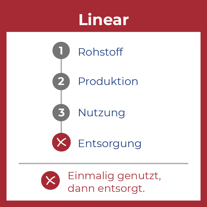 Grafik eines linearen Kunststoffprozesses mit den Schritten Rohstoff, Produktion, Nutzung und Entsorgung, ergänzt durch den Hinweis „Einmalig genutzt, dann entsorgt.“