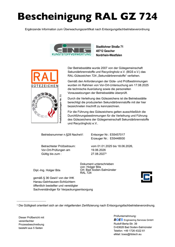 RAL-GZ-724 Zertifizierung Hubert Eing Kunststoffverwertung