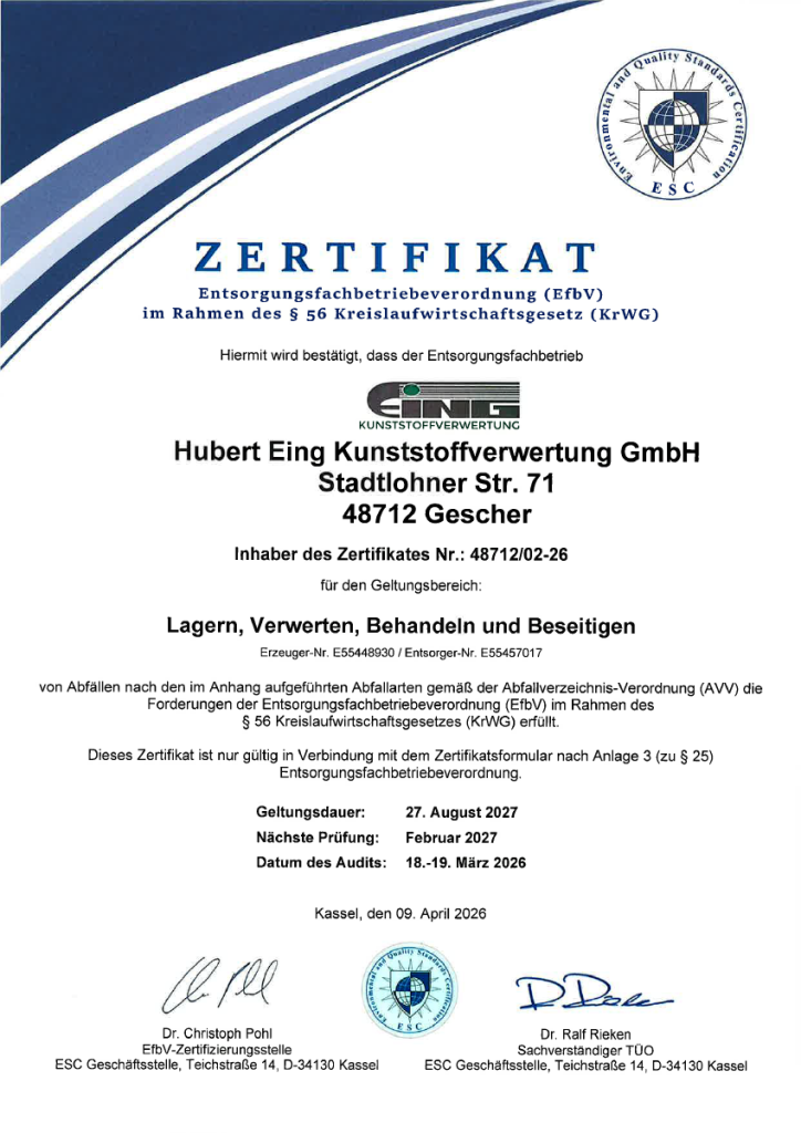 Efb Zertifizierung Hubert Eing Kunststoffverwertung